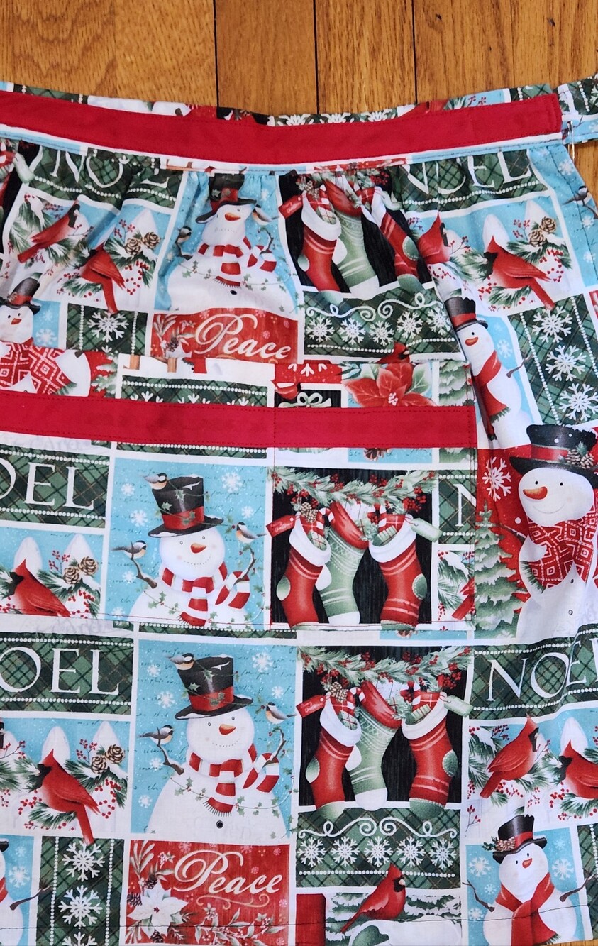Hand Crafted Hostess Apron Christmas Motif Noel Snowman Peace Red White Green